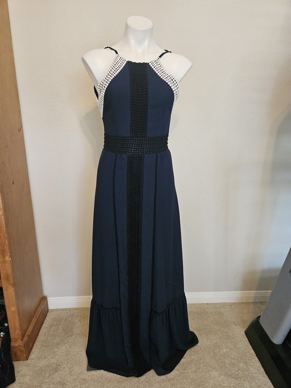 Badgley Mischka Navy Crochet-Trim Maxi Dress